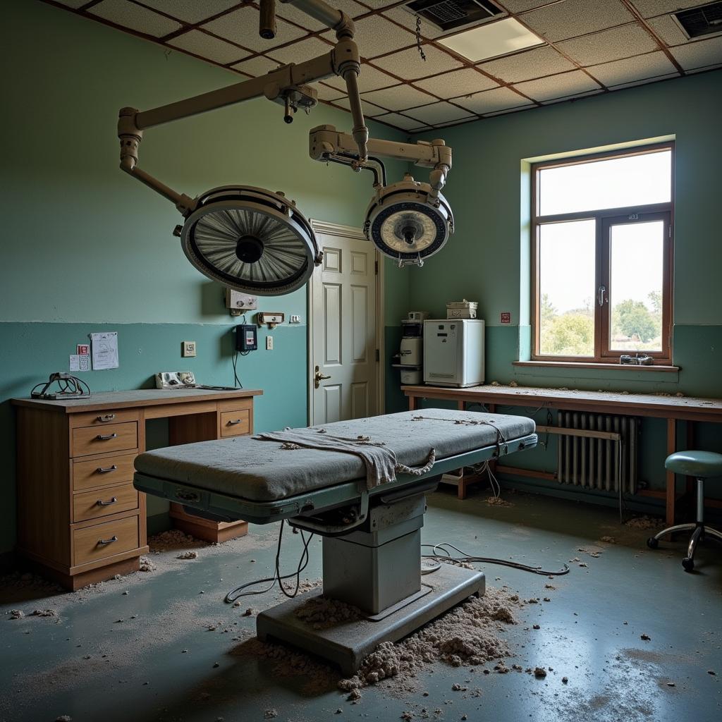 An abandoned operating room in an Arizona hospital, with medical equipment left untouched