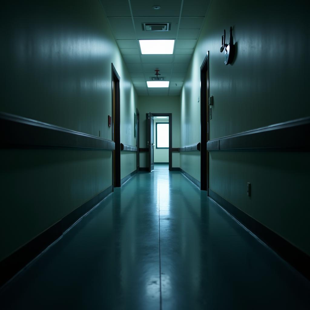 A close-up of the "Once Human Explore Dayton Hospital" puzzle, highlighting a long, shadowy corridor with an open doorway at the end.