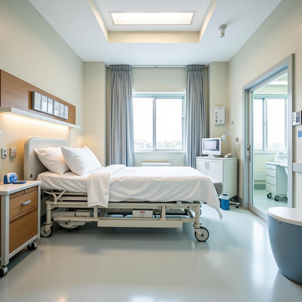 Hospital room featuring adjustable bed, accessible controls, and non-slip flooring.