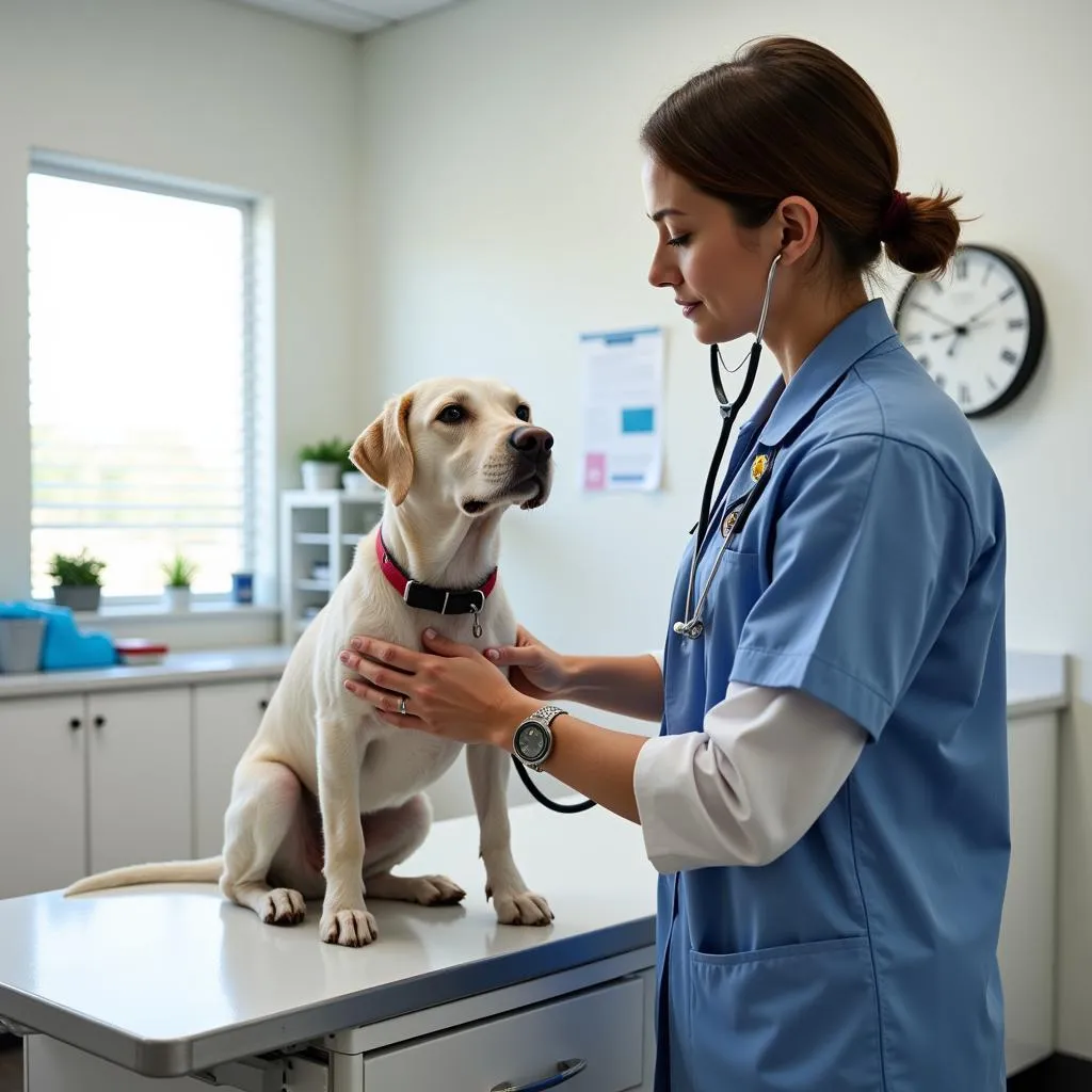 Veterinarian examining a dog in an exam room