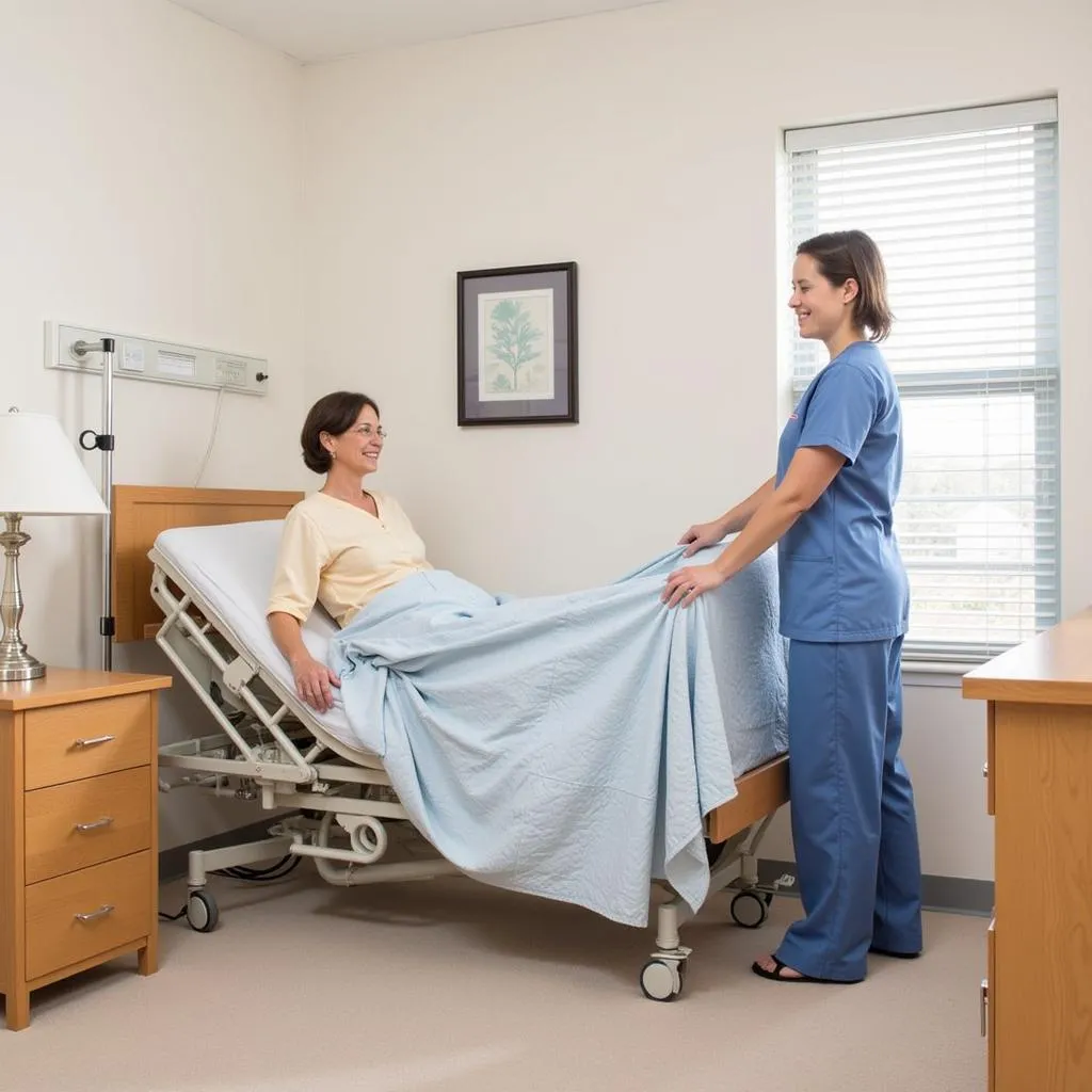 A nurse adjusting the height of a hospital bed