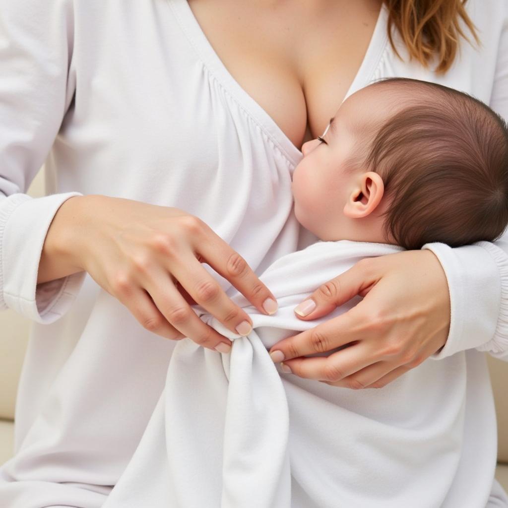 New mother adjusting her hospital gown while breastfeeding