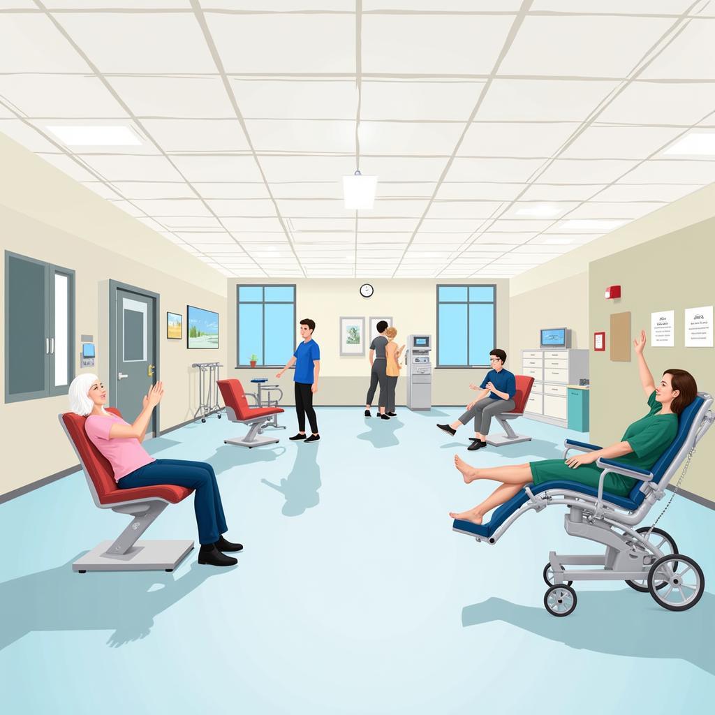 Well-equipped rehabilitation gym with patients engaging in therapy