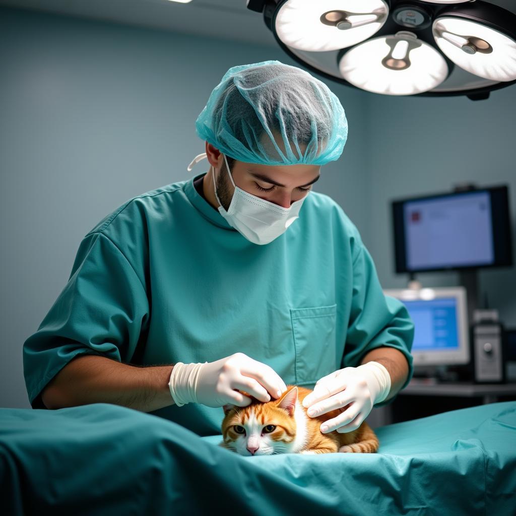 Veterinarian performing surgery on a cat