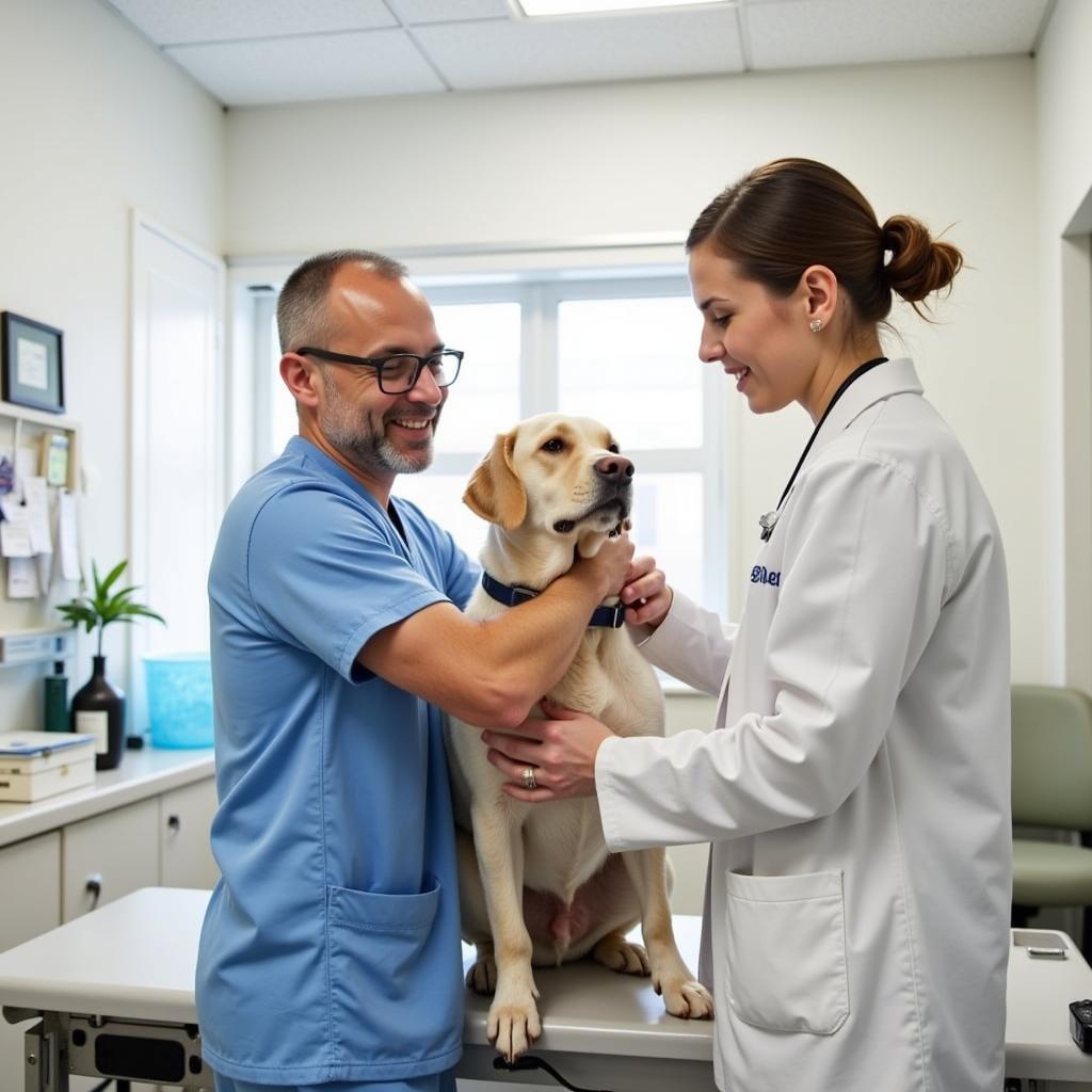 Veterinarian examining a dog in a bright and modern exam room at Animaid Pet Hospital, Stanton CA