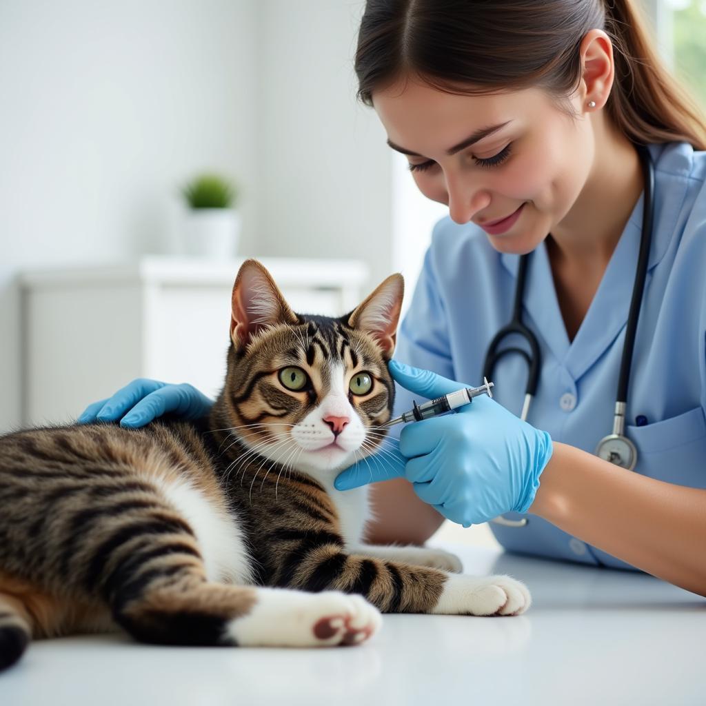 Veterinarian administering vaccination to a cat as part of preventative care