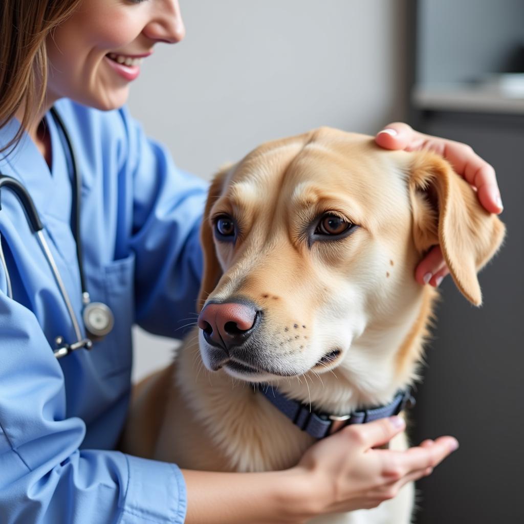 Anxious dog being comforted by a veterinarian