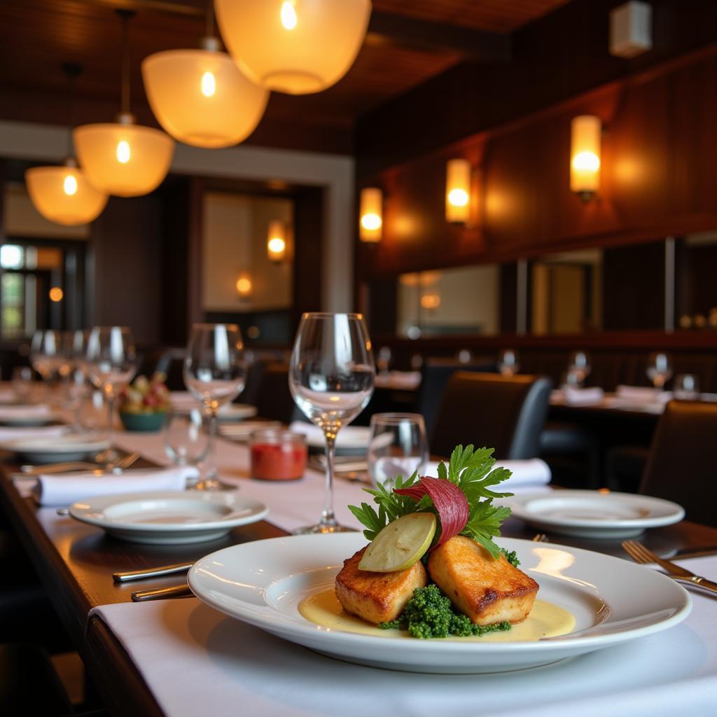 Elegant restaurant setting with guests enjoying a meal and sommelier presenting wine