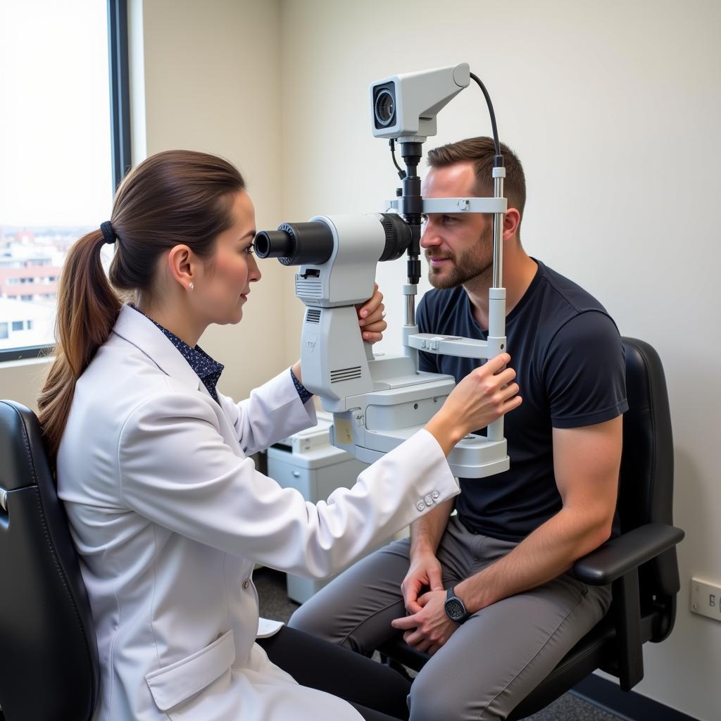 Athens Eye Hospital Eye Exam: An ophthalmologist performs a comprehensive eye exam on a patient using advanced equipment.