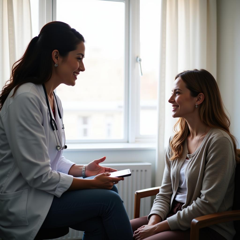 Athens Eye Hospital Patient Care: A doctor consults with a patient in a comfortable examination room.