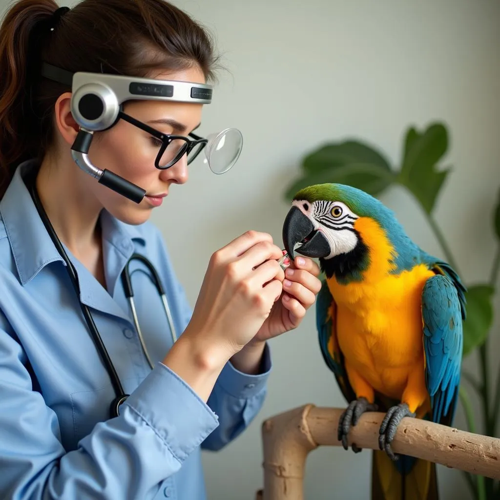 Avian veterinarian examining a parrot