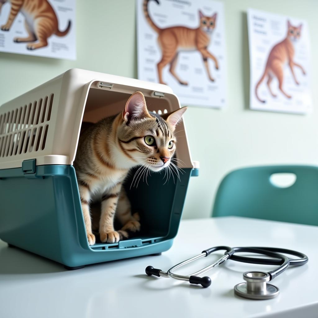  A cat in a carrier in a consult room at Badger Veterinary Hospital