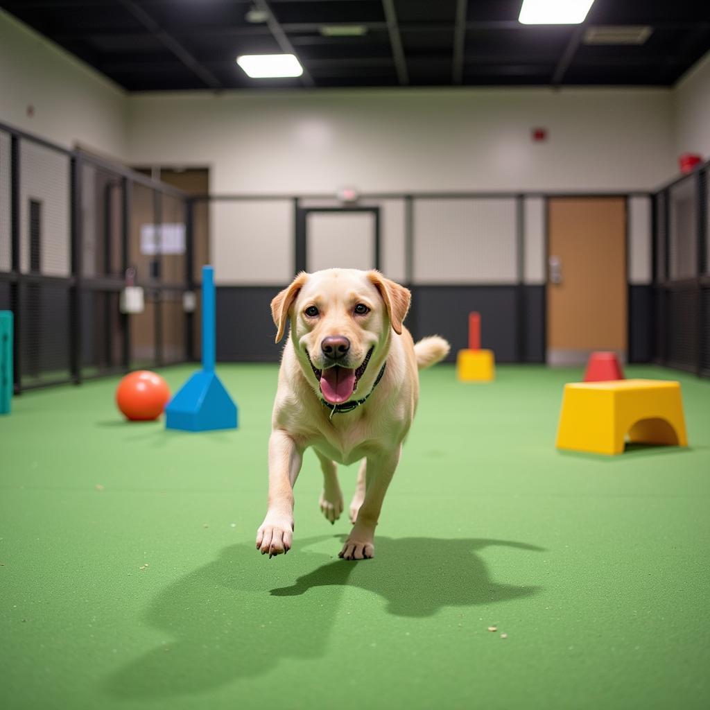 Happy dog enjoying playtime in a spacious and stimulating environment at Banderas Pet Hospital & Boarding