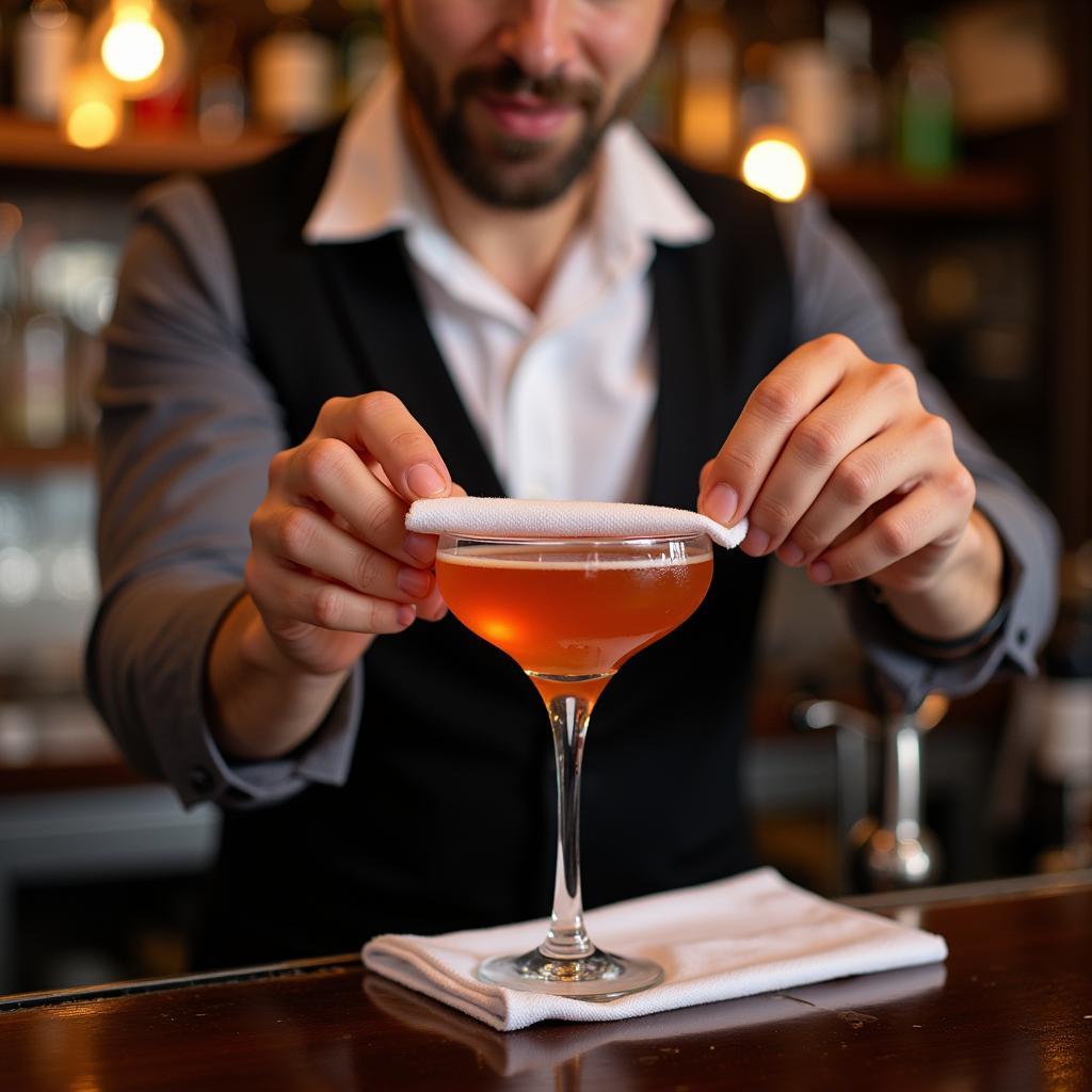 Bartender polishing a glass with a cloth