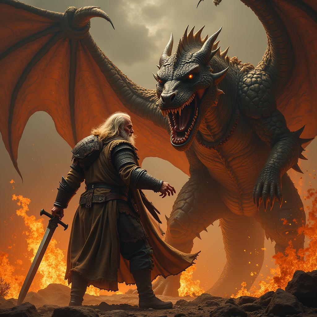 Beowulf fighting the dragon