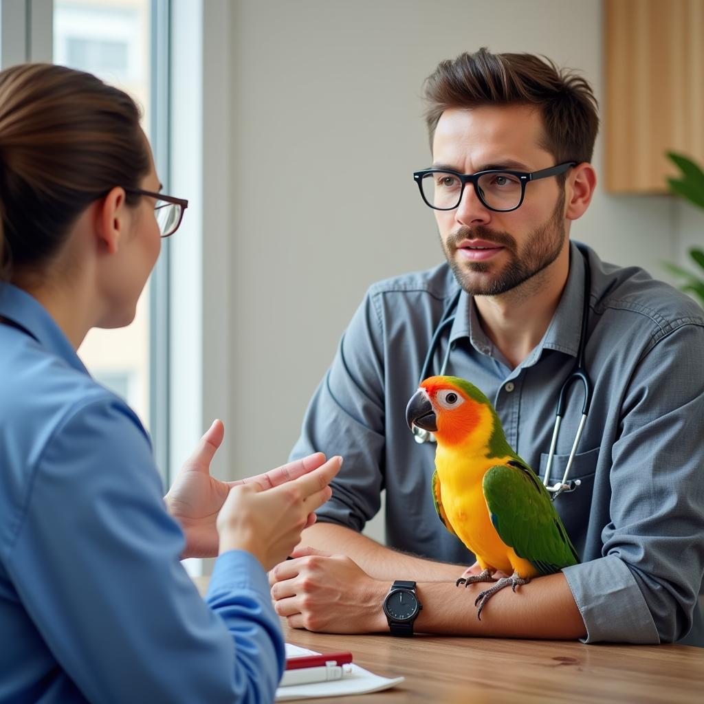 Bird owner discussing their pet's health with an avian vet