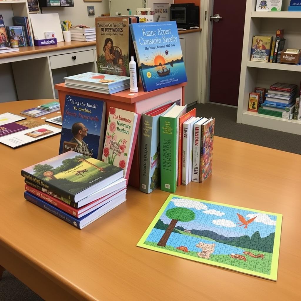 A selection of books and puzzles displayed on a table in a hospital gift shop