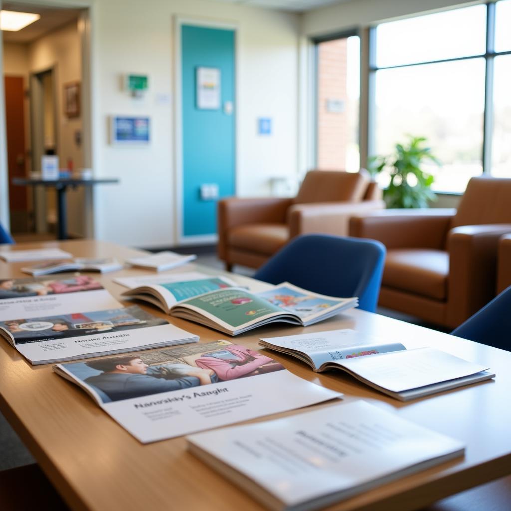 Brochures about breast health and mammograms displayed in a waiting room