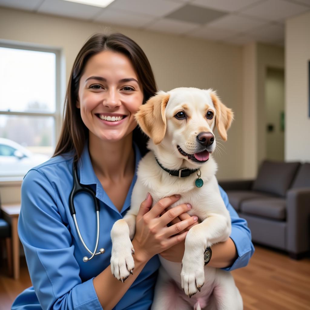 Happy pet owner with their dog at Bridgeview Animal Hospital