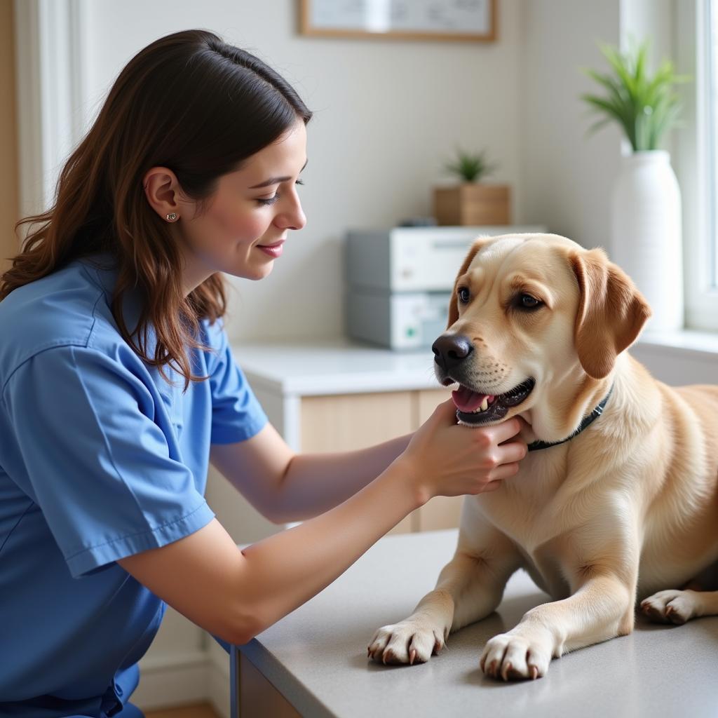 Veterinarian examining a dog at Bridgeview Animal Hospital