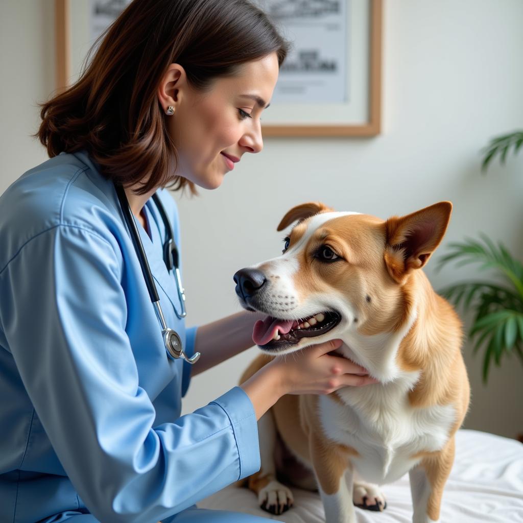 Caring veterinarian examining a dog at Brockport Animal Hospital