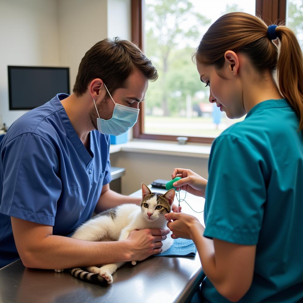 Veterinary team providing emergency care to a cat in Calhoun Animal Hospital