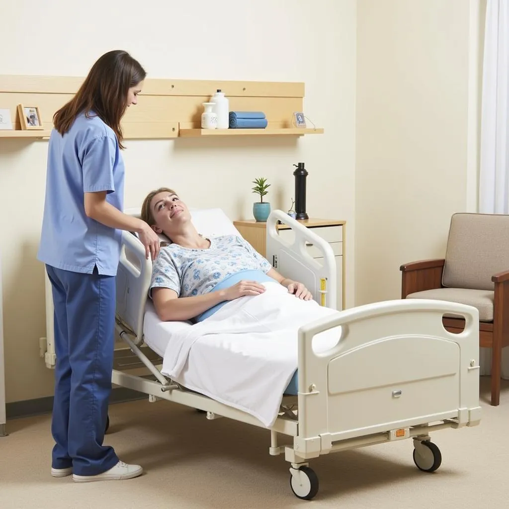 Caregiver assisting a patient in an adjustable bed