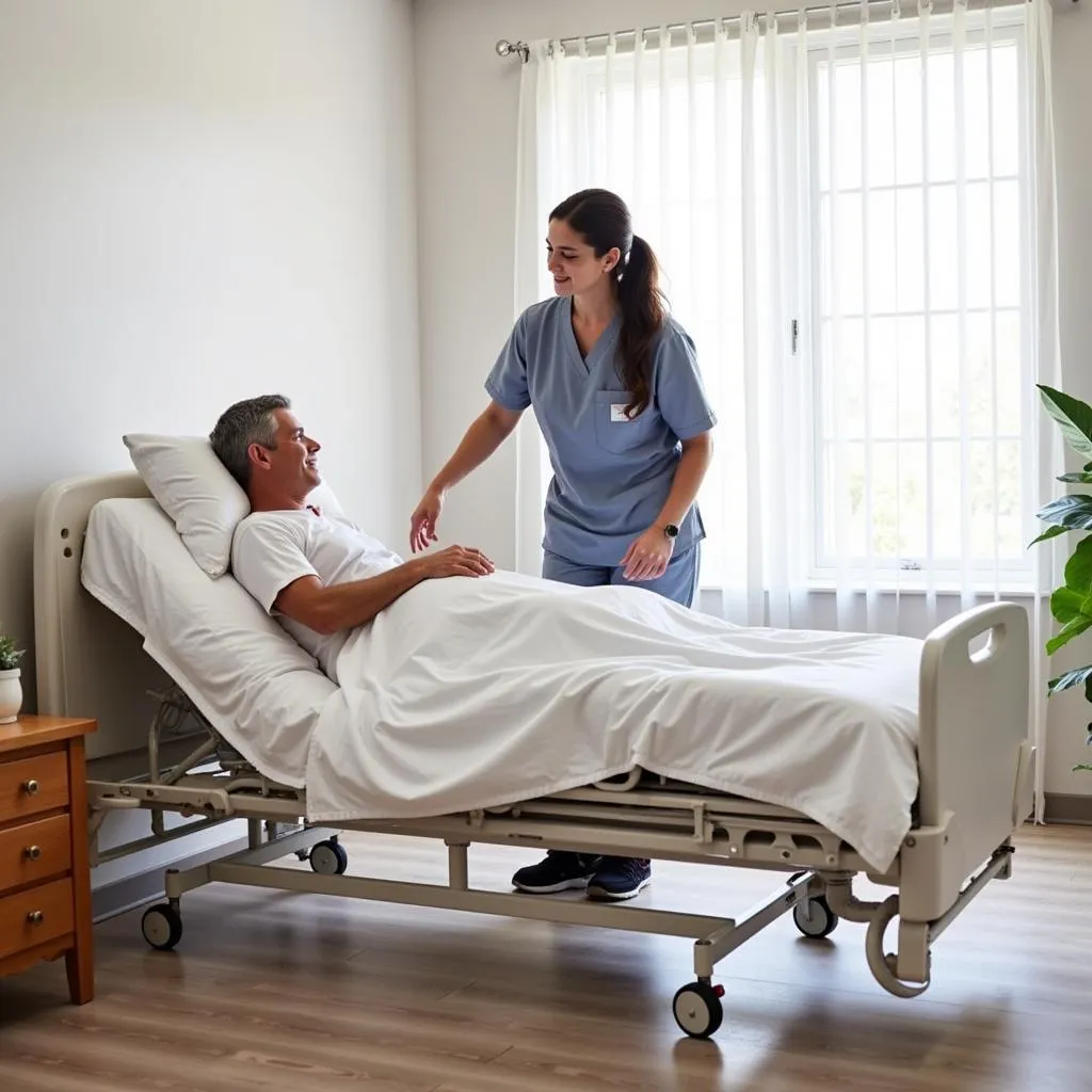 Caregiver assisting patient in a queen size hospital bed