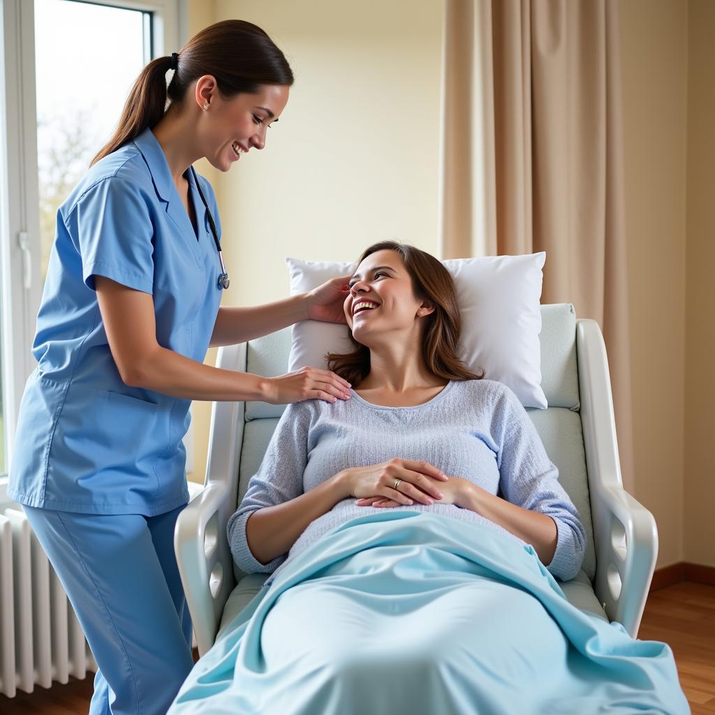 Caregiver assisting patient on a hospital recliner chair bed