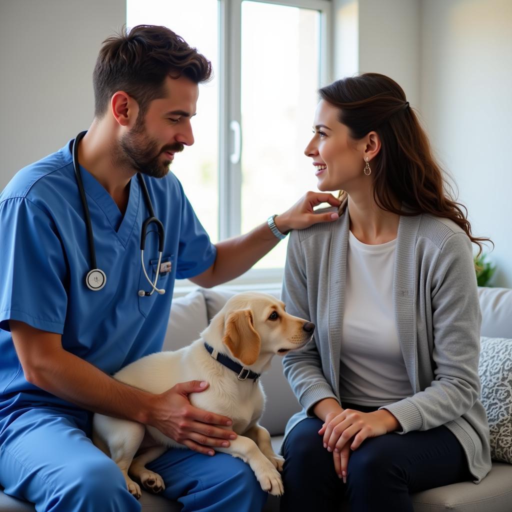 Veterinarian comforting a pet owner in the examination room