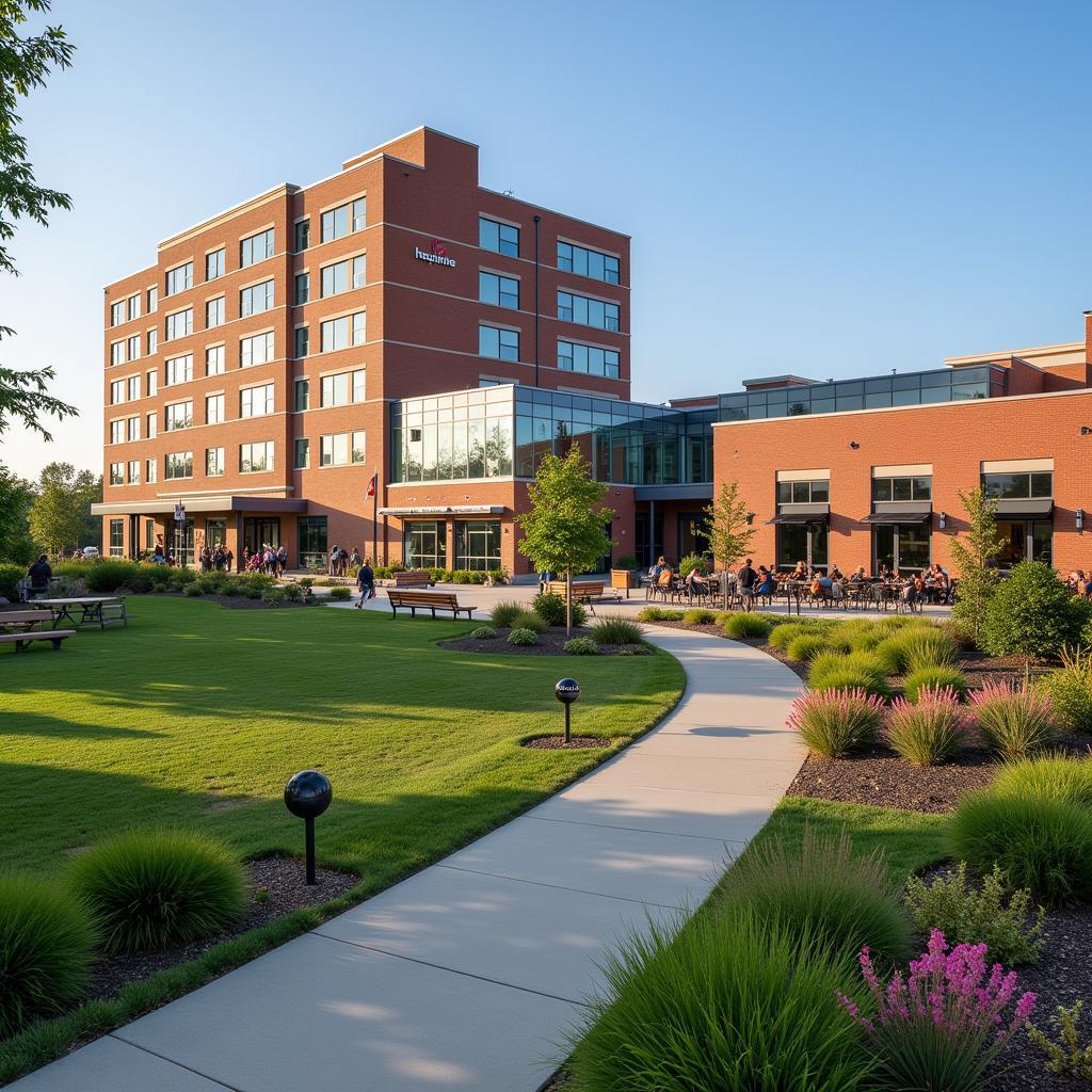 Carle Hospital exterior with green space and nearby amenities