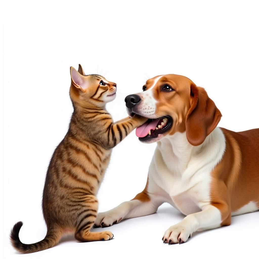 Happy and healthy cat and dog playing together