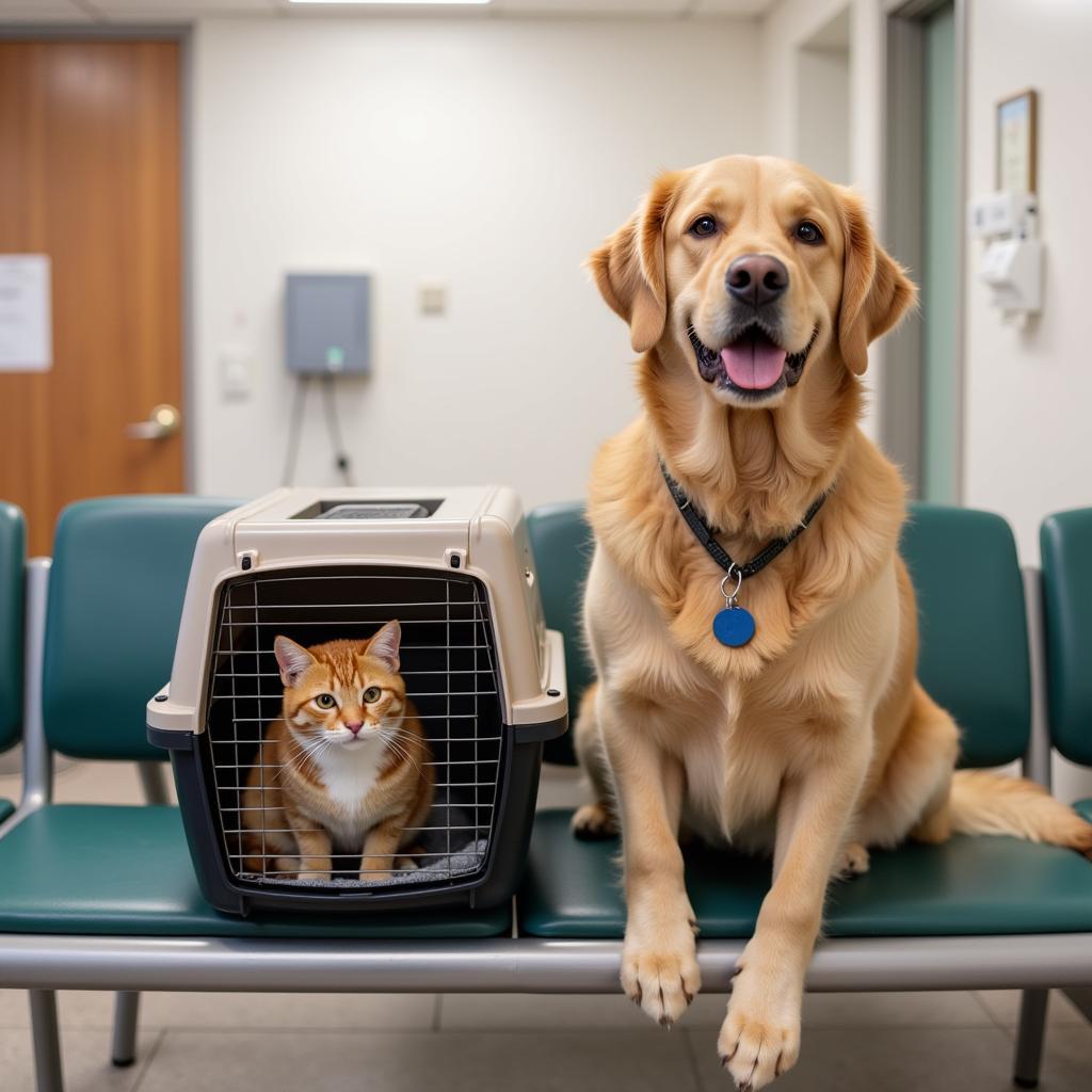 Cat and Dog in Veterinary Hospital Waiting Room