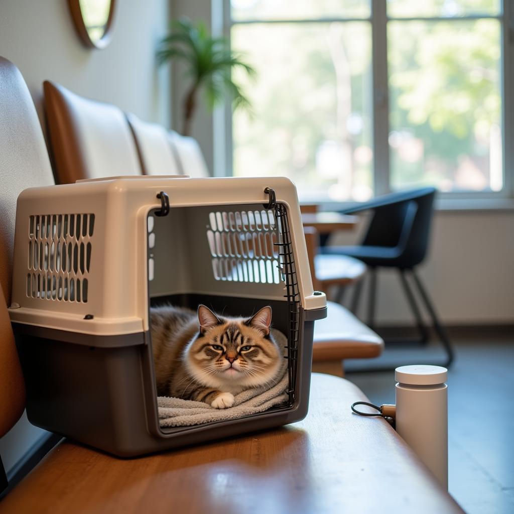  A cat comfortably resting in its carrier inside a vet clinic waiting room.