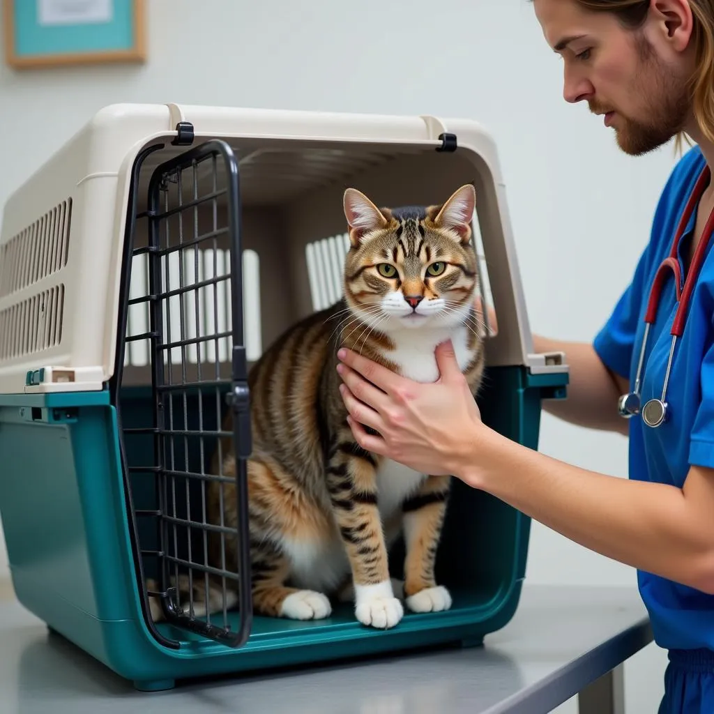 Cat in Carrier at Vet Clinic