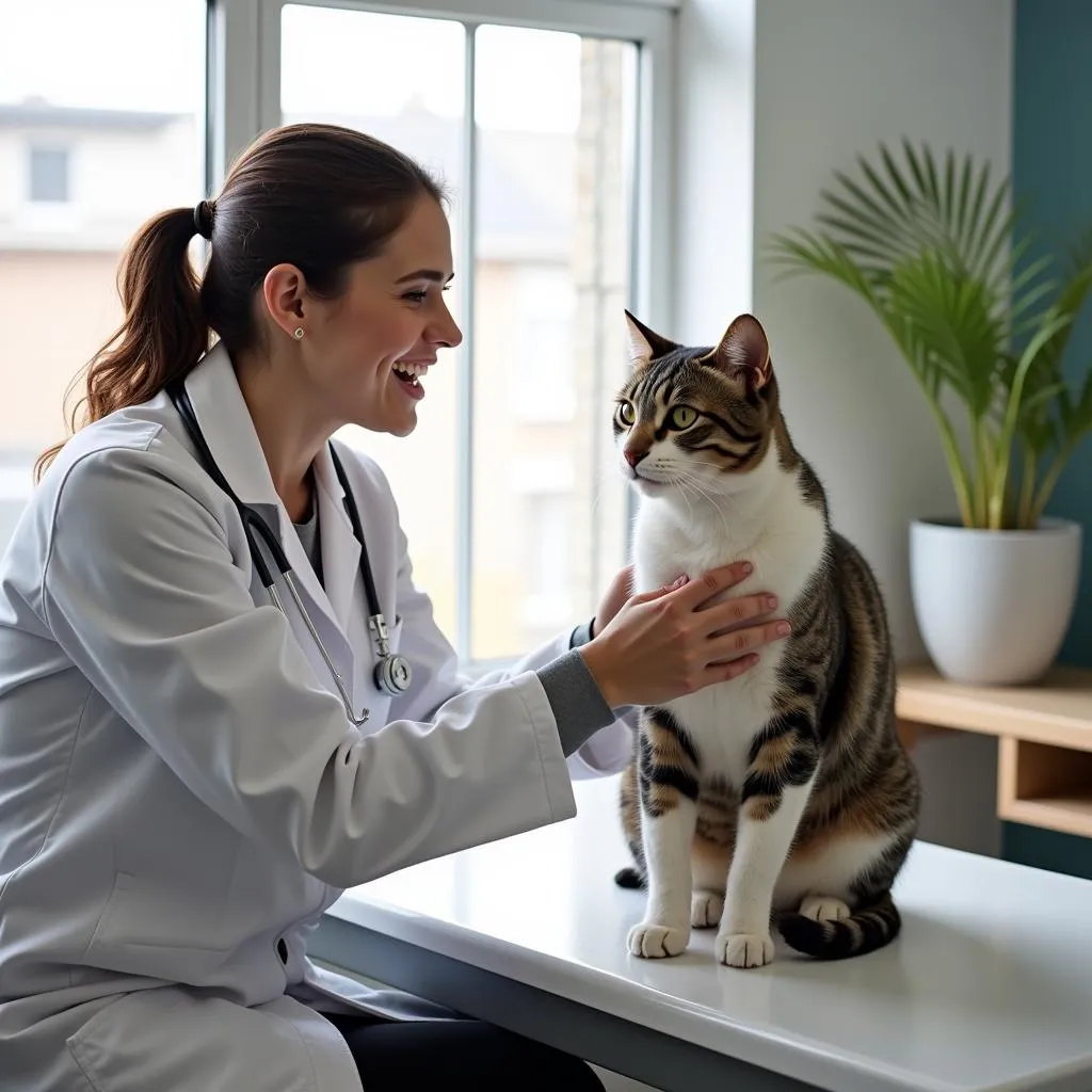 Cat Parent and Veterinarian Consultation: A cat parent engages in a conversation with a veterinarian, discussing their cat's health and care options.