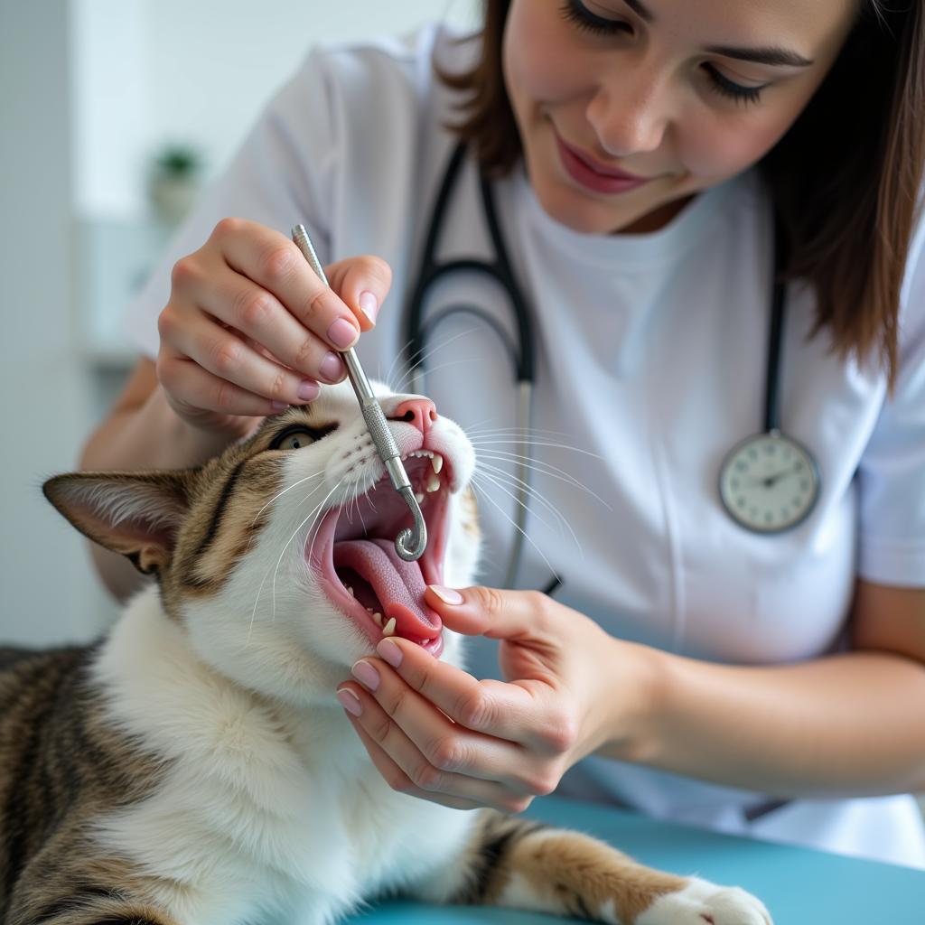 Veterinary technician providing dental care to a cat