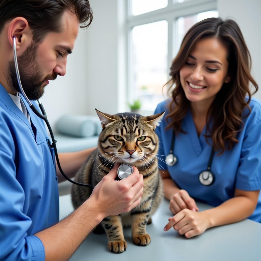 A cat undergoing a thorough examination by a veterinarian