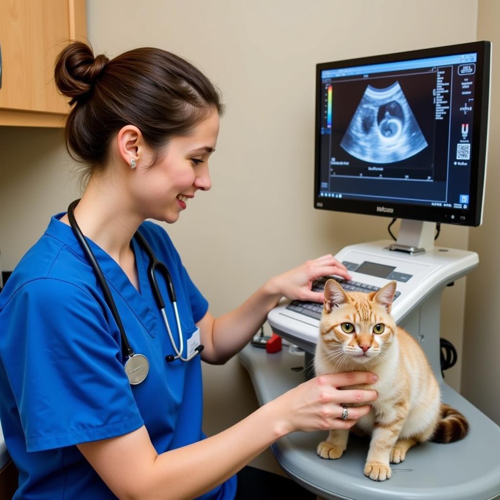 Veterinarian performing an ultrasound on a cat