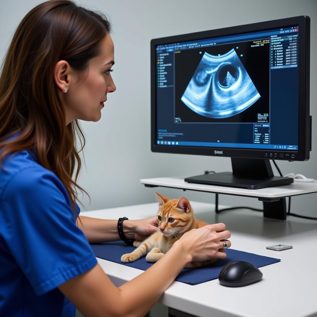 Veterinarian performing an ultrasound on a cat