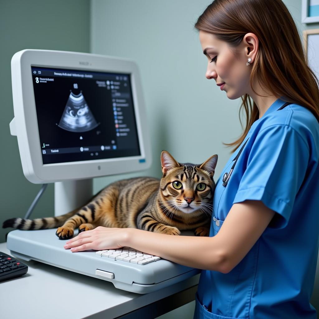 Veterinarian performing an ultrasound on a cat in Abilene animal hospital