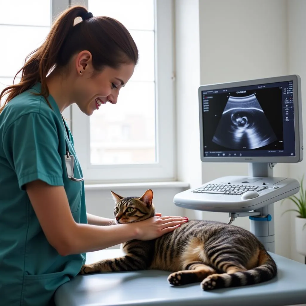 Cat receiving an ultrasound at a veterinary hospital