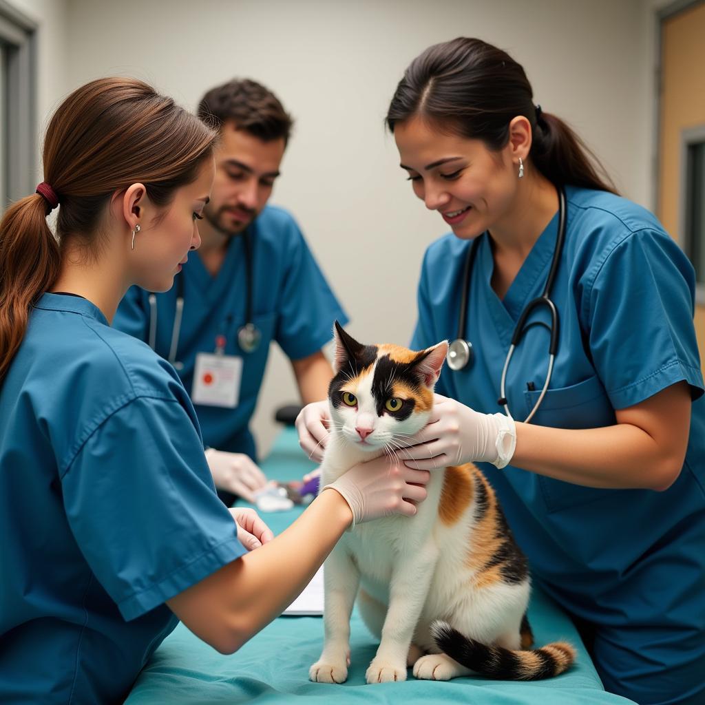 Veterinary team providing urgent care to cat