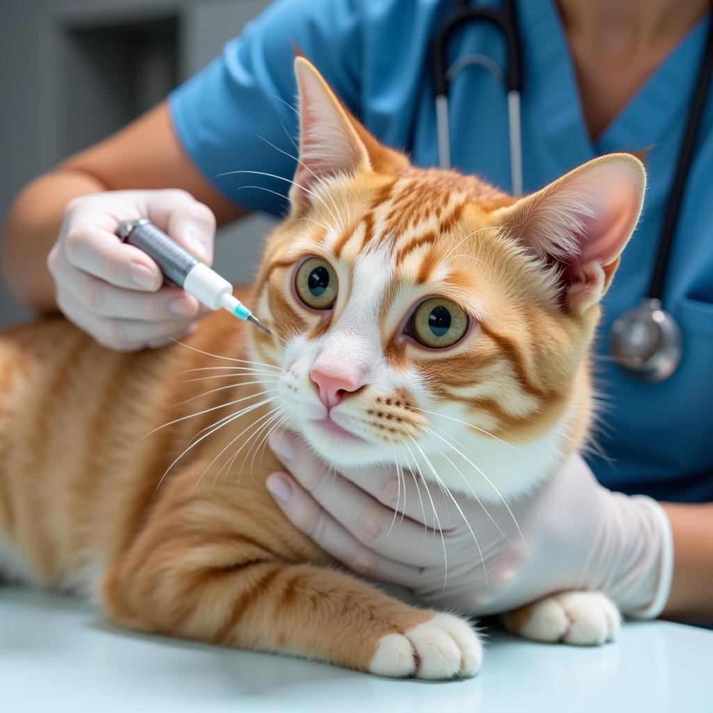 Compassionate veterinarian administering a vaccine to a cat at Lefferts Animal Hospital