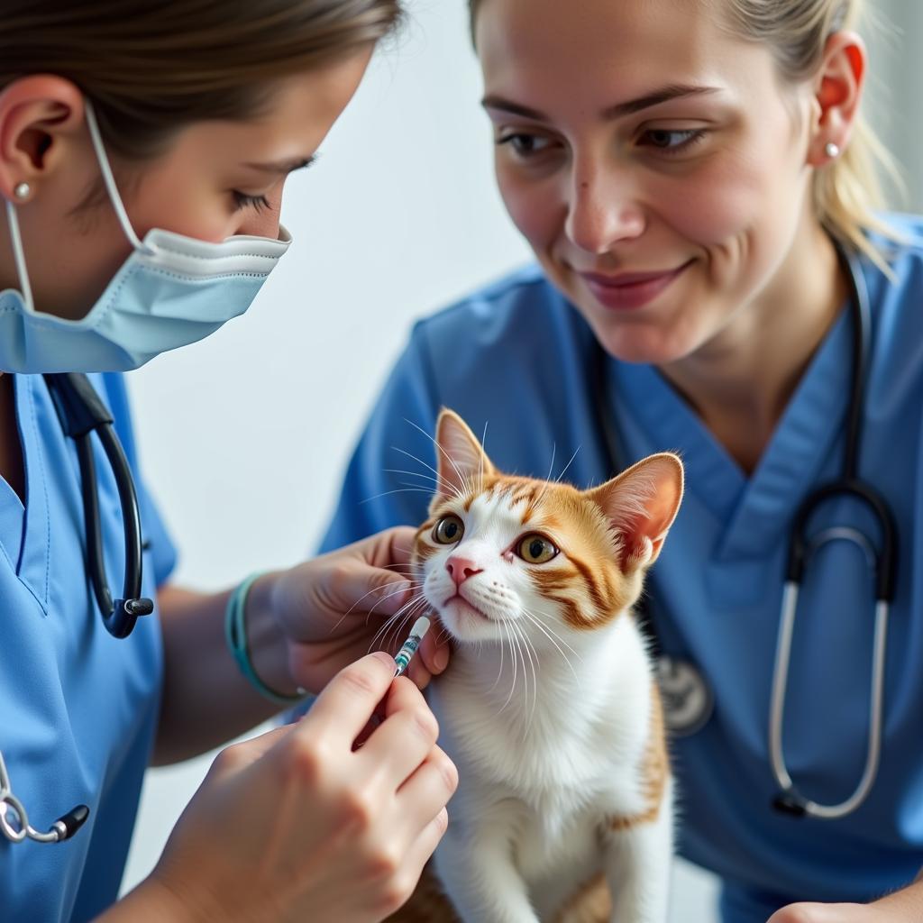 A cat receiving a vaccination at Mountainwood Pet Hospital