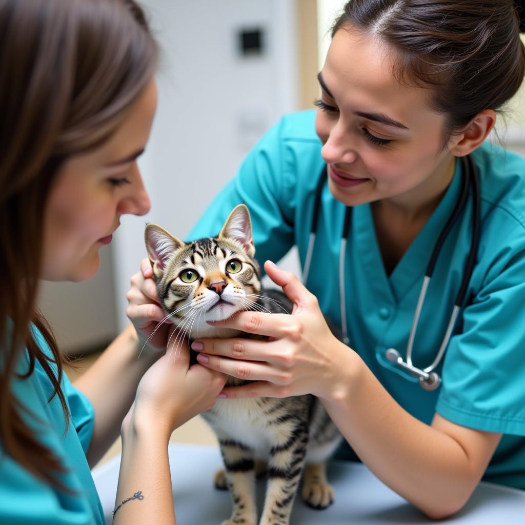 Compassionate Veterinary Team Examining a Cat