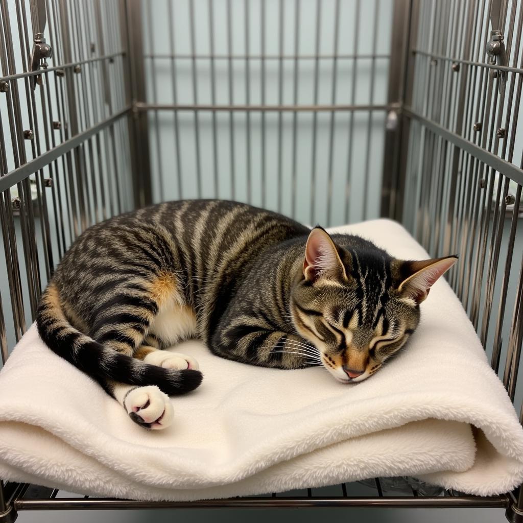 Cat comfortably resting in a cage after surgery