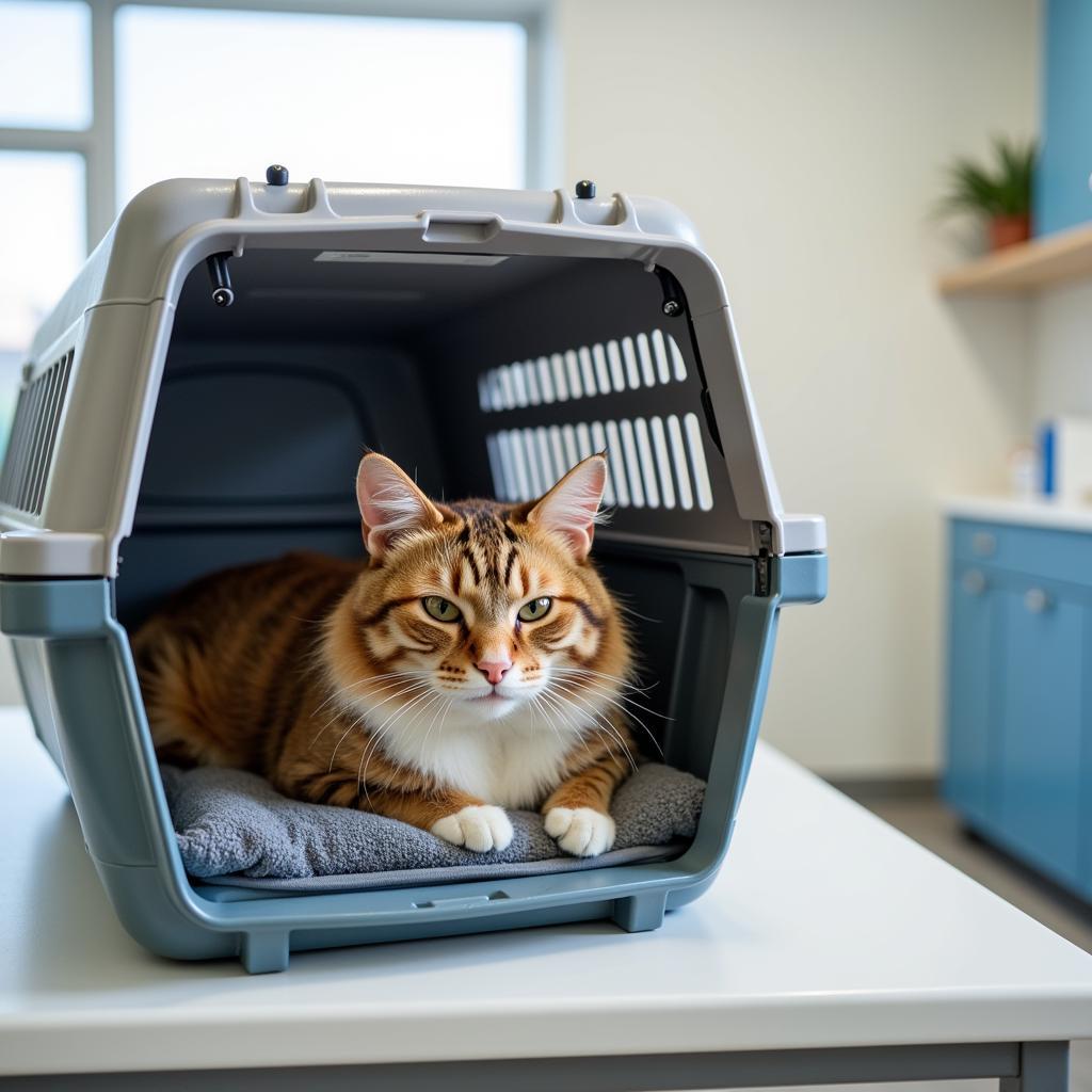 Cat relaxing in a cat carrier