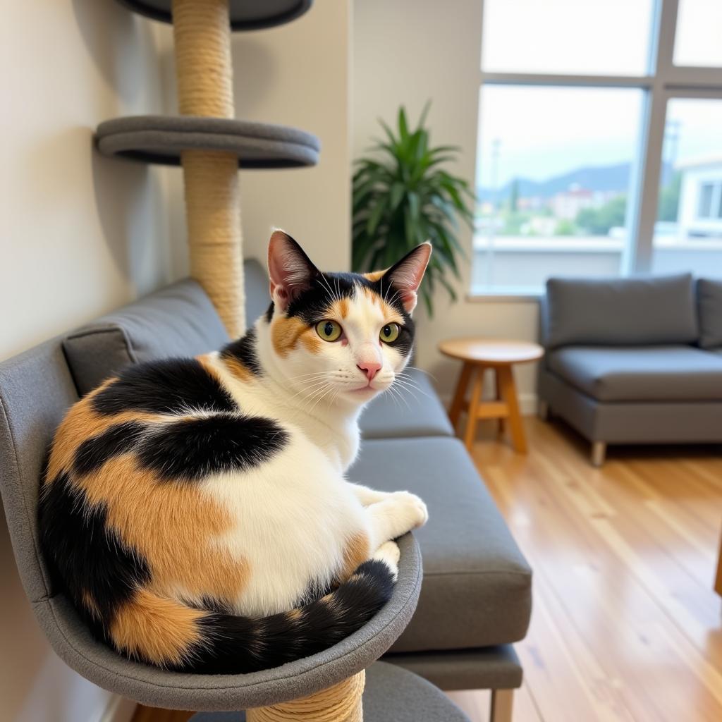 A content cat relaxing in a cat-friendly waiting room