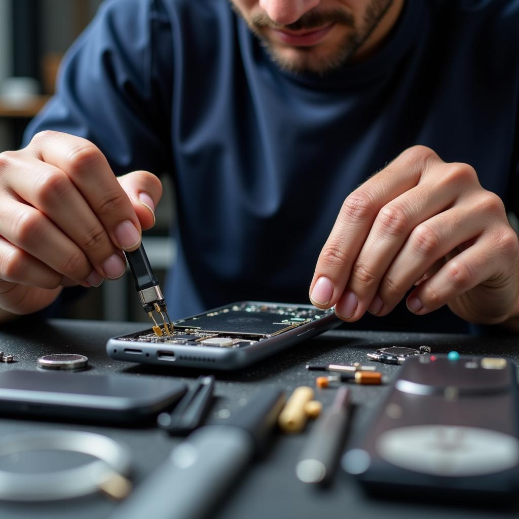 Skilled technician diagnosing a smartphone issue in East Tulsa